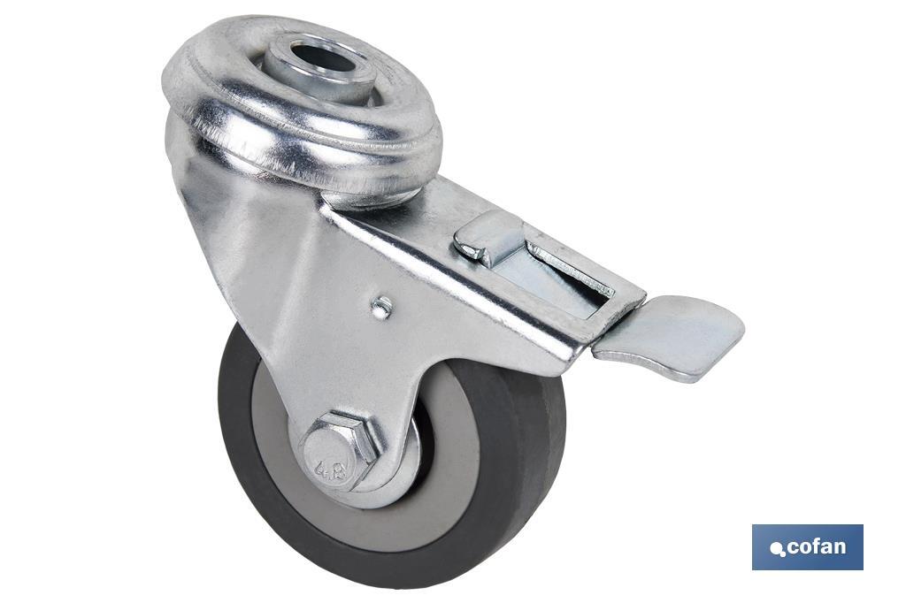 RUEDA DE GOMA GRIS CON AGUJERO PASANTE Y FRENO Ø75 X 22 MM (PACK: 2 UDS) RUEDA DE GOMA GRIS CON AGUJERO PASANTE Y FRENO Ø75 X 22 MM (PACK: 2 UDS)