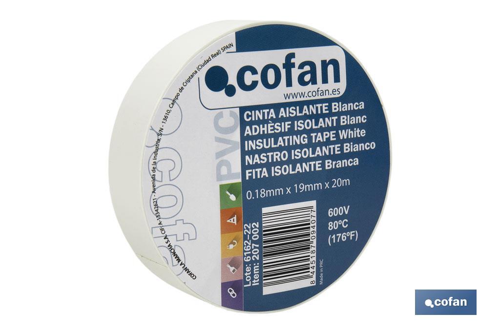 CINTA AISLANTE 180 Micras BLANCA 19mmX20 Metros venta unitaria (PACK: 1 UDS)