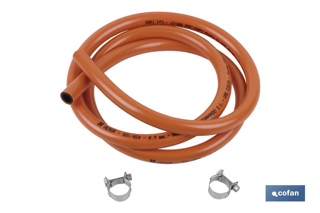 TUBO FLEXIBLE 1,5 Mts PARA GAS BUTANO + ABRAZADERAS (PACK: 1 UDS) TUBO FLEXIBLE 1,5 Mts PARA GAS BUTANO + ABRAZADERAS (PACK: 1 UDS)